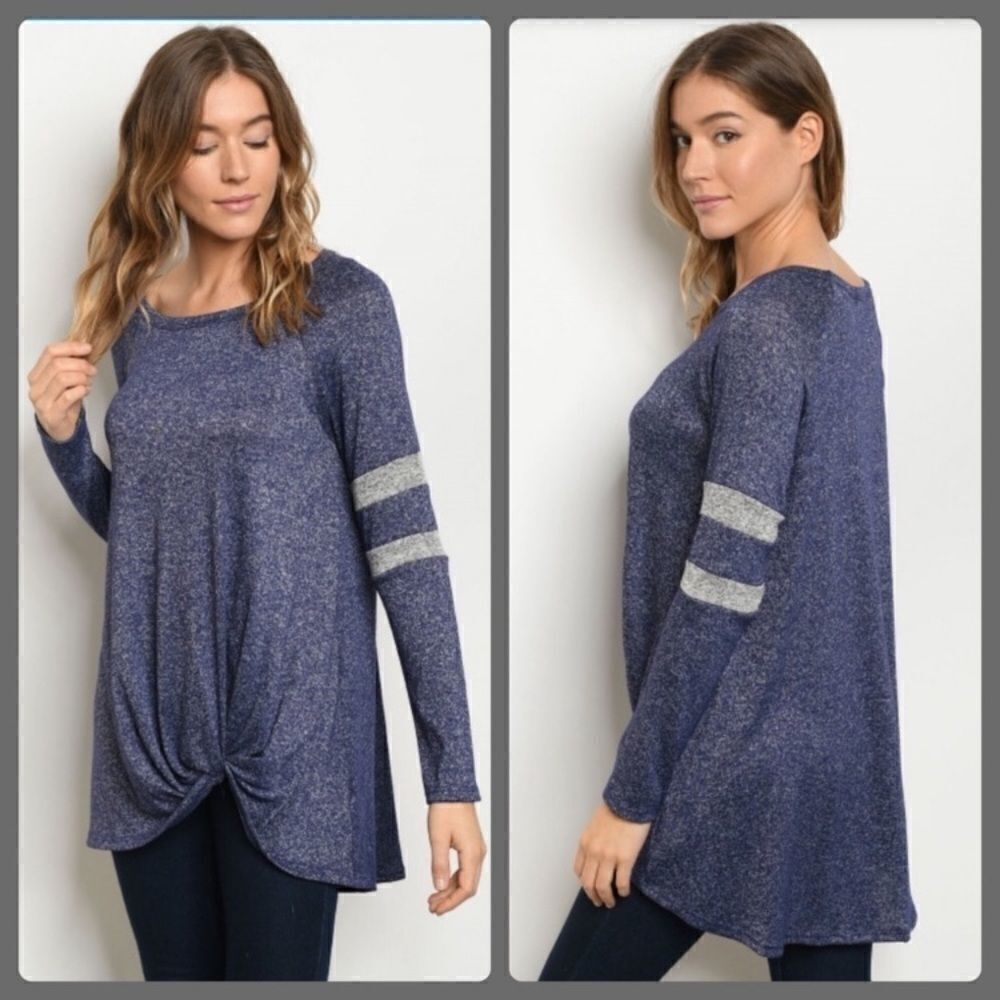 Long Sleeve Soft Loose Blue Top with Gray Accents